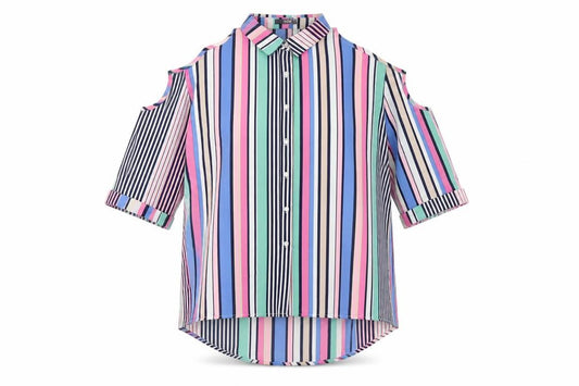 Front view of Quiz women’s multicoloured striped polyester basic button-up, size UK 12, collared - cold shoulder