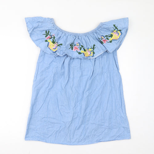 IVIVi Womens Blue 100% Cotton Basic Blouse Size S Round Neck - Size S/M, Floral Embroidery