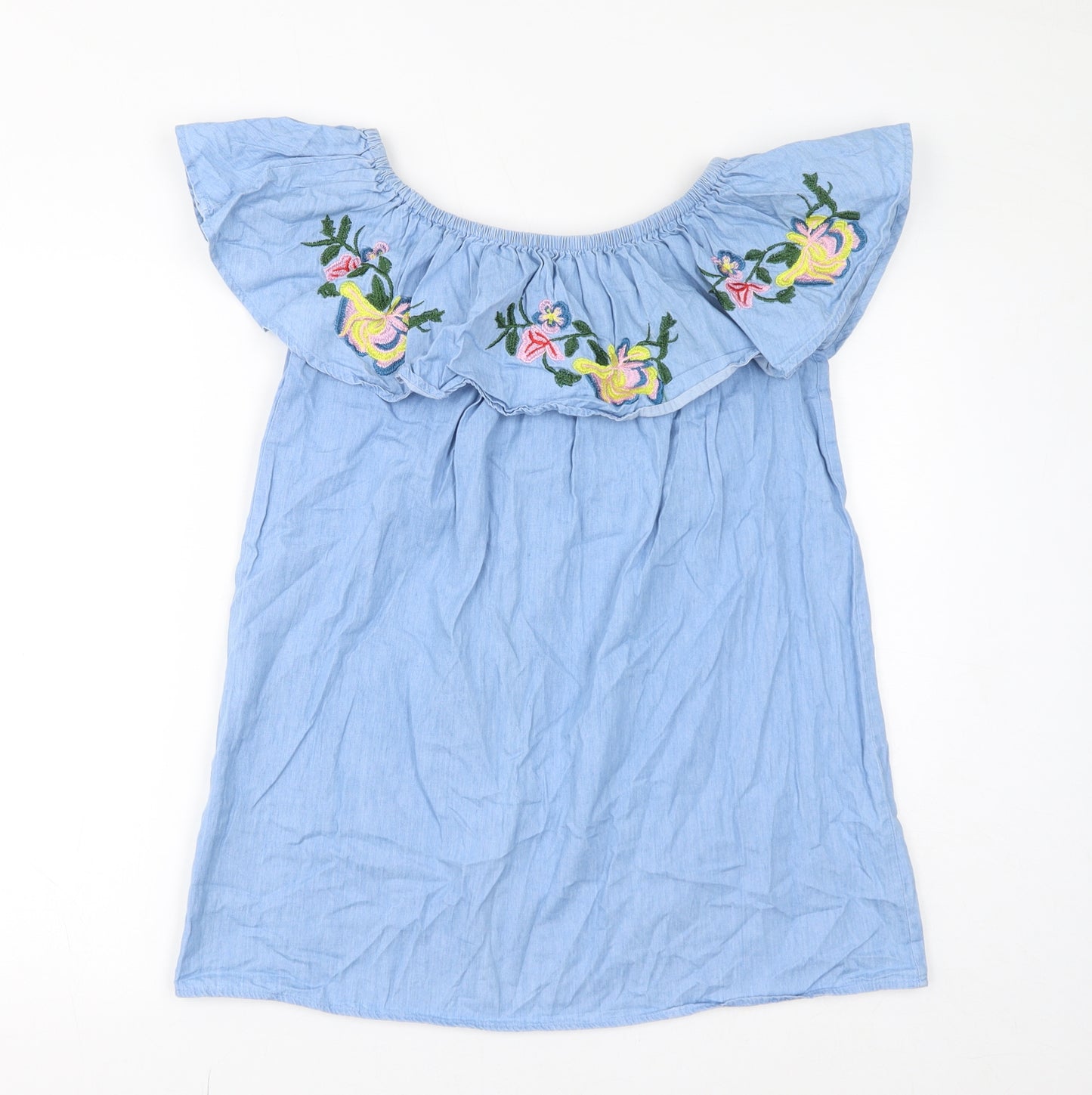 IVIVi Womens Blue 100% Cotton Basic Blouse Size S Round Neck - Size S/M, Floral Embroidery
