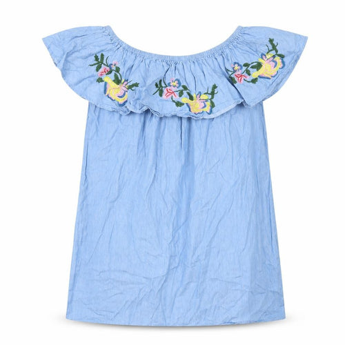 IVIVi Womens Blue 100% Cotton Basic Blouse Size S Round Neck - Size S/M, Floral Embroidery