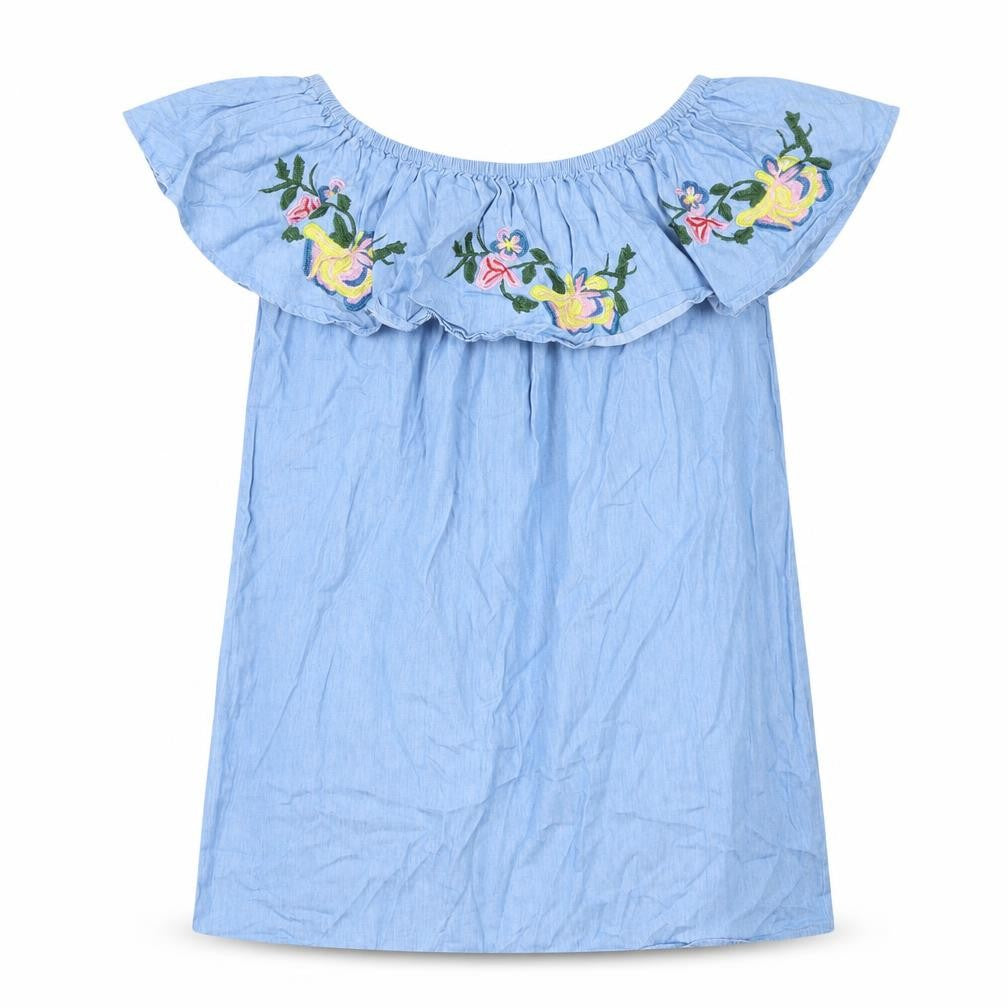 IVIVi Womens Blue 100% Cotton Basic Blouse Size S Round Neck - Size S/M, Floral Embroidery