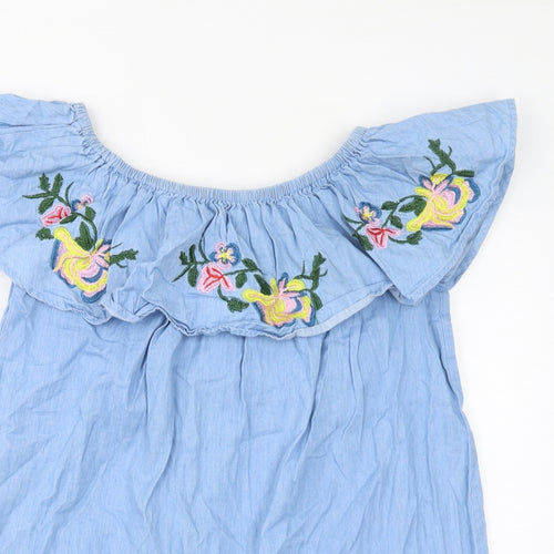 IVIVi Womens Blue 100% Cotton Basic Blouse Size S Round Neck - Size S/M, Floral Embroidery