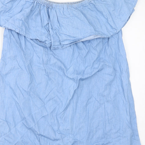 IVIVi Womens Blue 100% Cotton Basic Blouse Size S Round Neck - Size S/M, Floral Embroidery