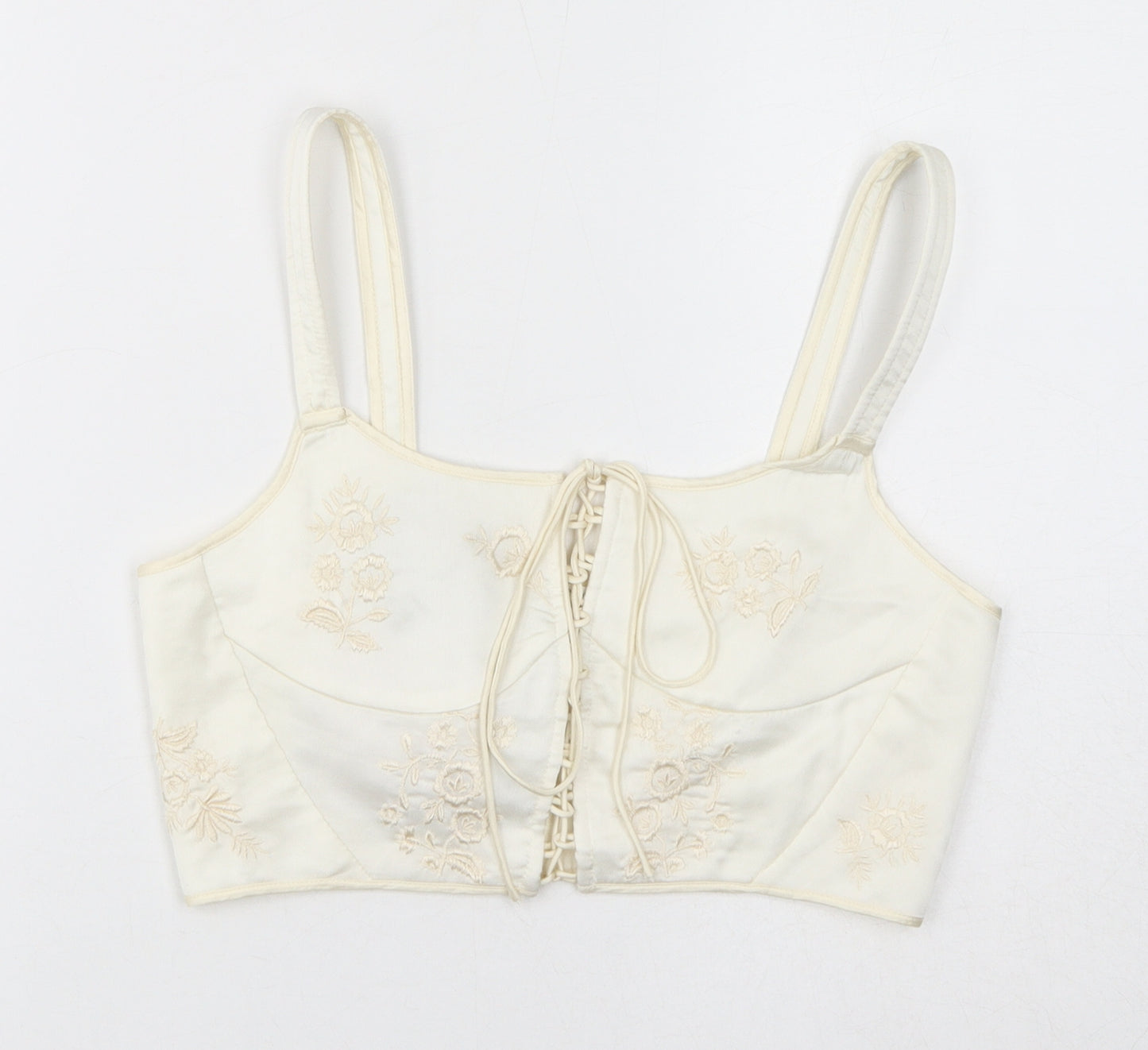 Zara Womens Ivory Polyester Cropped Tank Size S Round Neck - Floral Embroidery