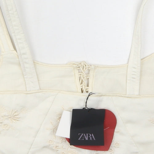 Zara Womens Ivory Polyester Cropped Tank Size S Round Neck - Floral Embroidery