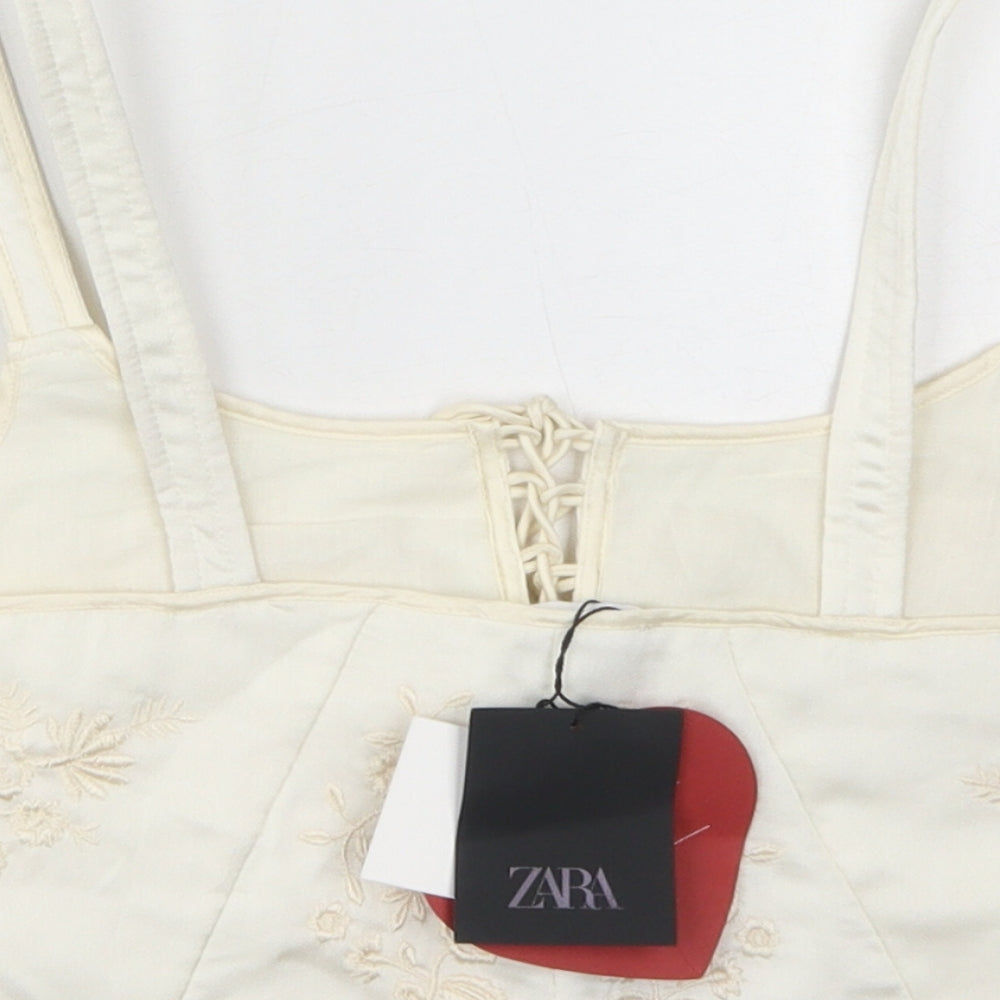 Zara Womens Ivory Polyester Cropped Tank Size S Round Neck - Floral Embroidery