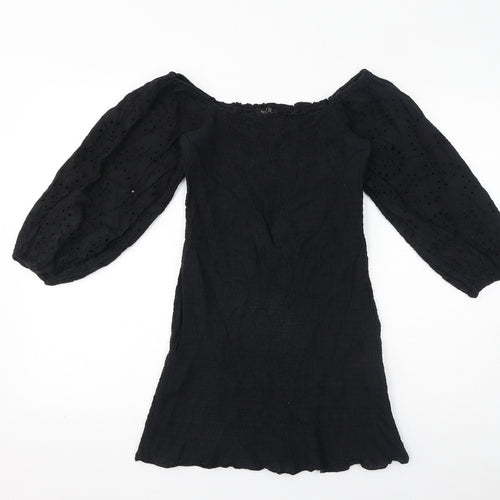 Boohoo Womens Black Cotton Mini Size 8 Off the Shoulder Pullover - Broderie Anglaise, Shirred