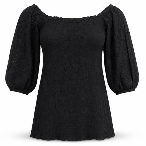 Boohoo Womens Black Cotton Mini Size 8 Off the Shoulder Pullover - Broderie Anglaise, Shirred