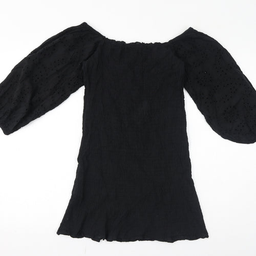 Boohoo Womens Black Cotton Mini Size 8 Off the Shoulder Pullover - Broderie Anglaise, Shirred