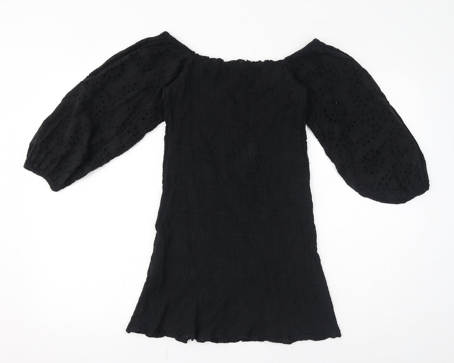 Boohoo Womens Black Cotton Mini Size 8 Off the Shoulder Pullover - Broderie Anglaise, Shirred