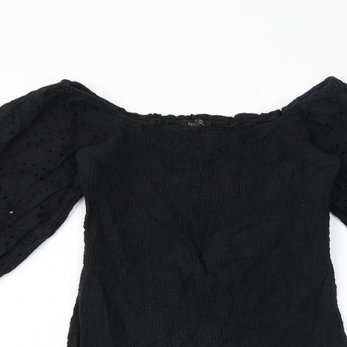 Boohoo Womens Black Cotton Mini Size 8 Off the Shoulder Pullover - Broderie Anglaise, Shirred