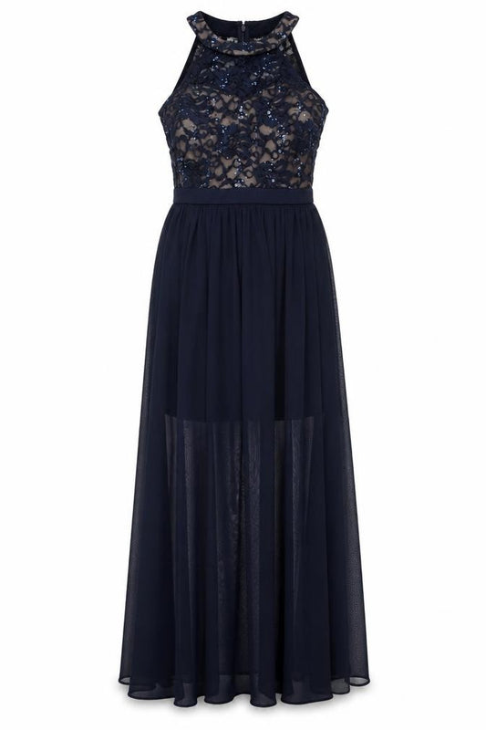 Front view of Morgan & Co. women’s blue nylon a-line, size UK 6, halter zip - sheer, sequins, mesh