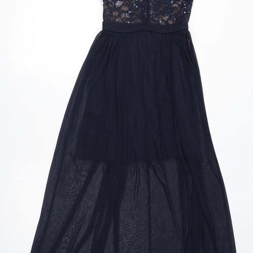 Morgan & Co. Womens Blue Nylon A-Line Size 6 Halter Zip - Sheer, Sequins, Mesh