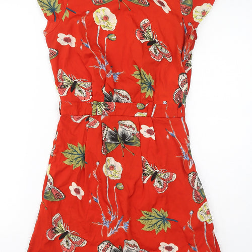 Mela London Womens Red Floral Polyester A-Line Size 8 Round Neck Zip - Butterflies