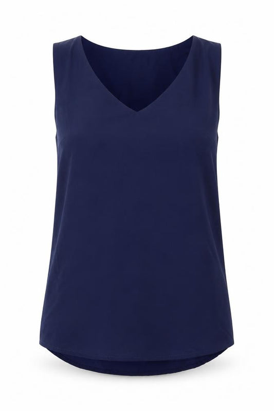 Front view of Oasis women’s blue polyester basic tank, size UK 6, round neck