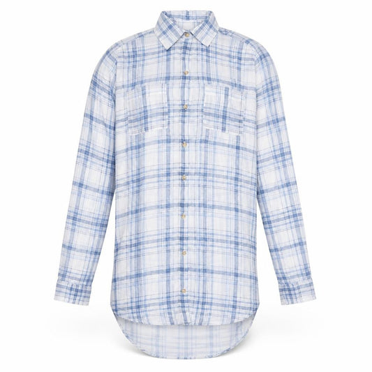 Front view of Hollister men’s blue check polyester button-up, size S, collared button - sheer