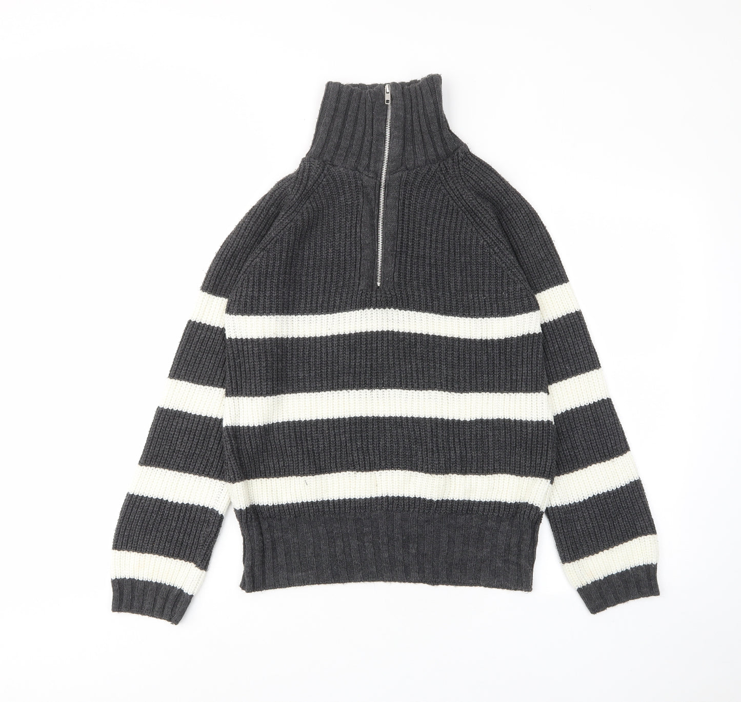 PRETTYLITTLETHING Womens Grey High Neck Striped Acrylic Pullover Jumper Size XS - 1/2 Zip