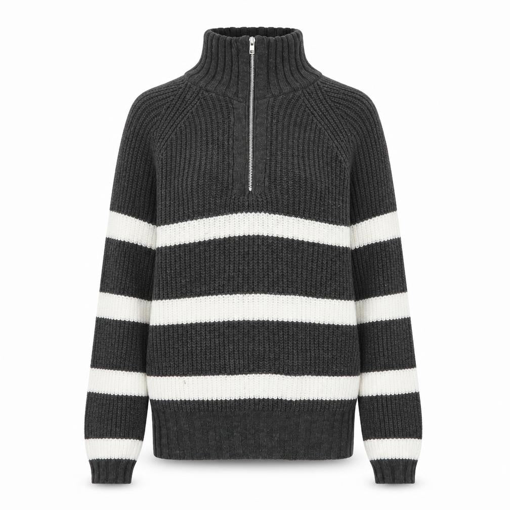 Front view of PRETTYLITTLETHING women’s grey high neck striped acrylic jumper, size XS, - 1/2 zip