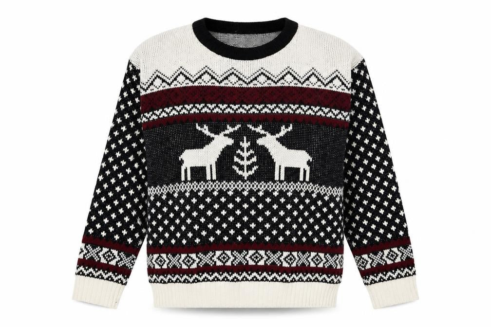Front view of Glamorous women’s multicoloured crew neck geometric acrylic jumper, size S, - reindeers