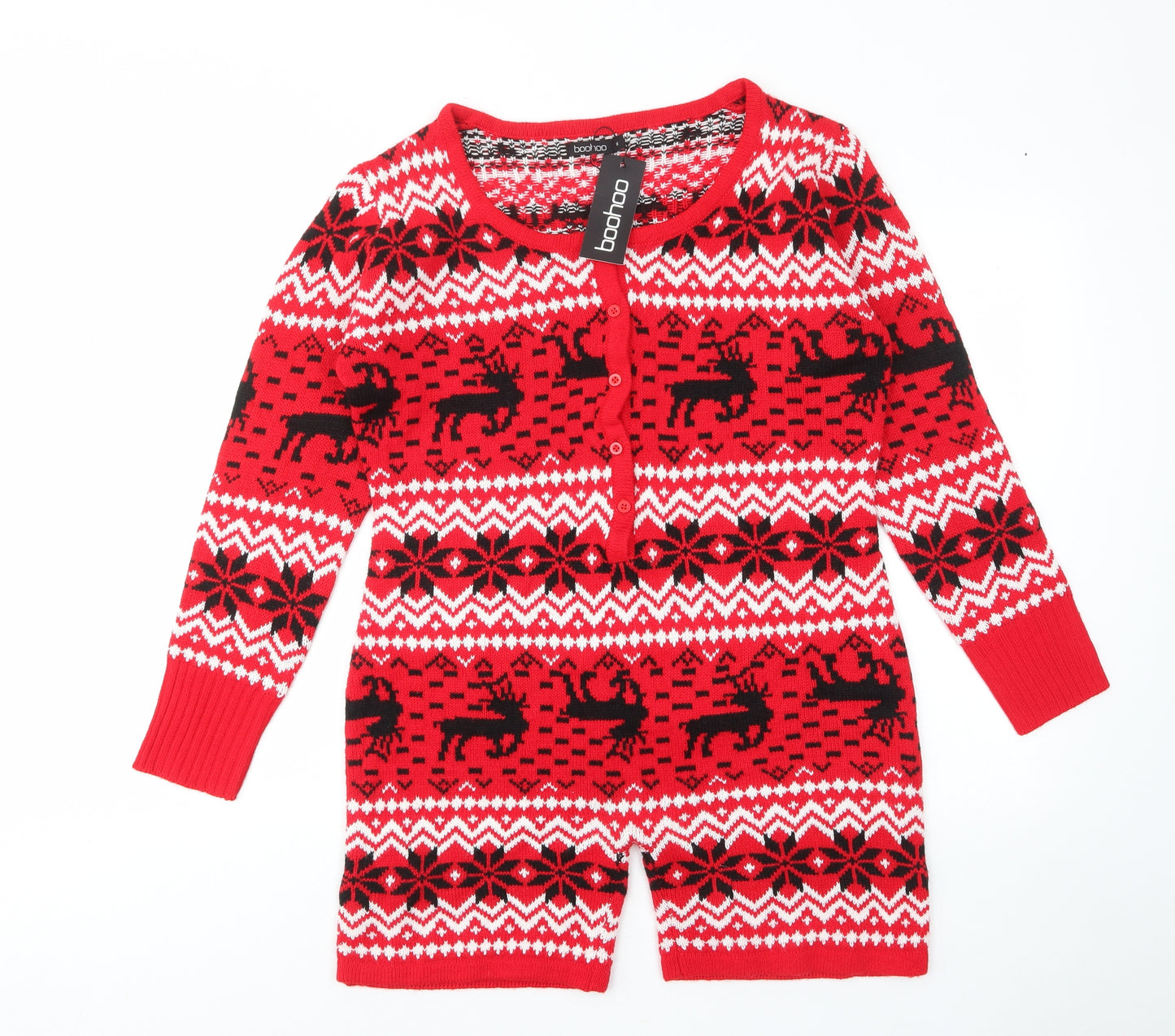 Boohoo Womens Red Fair Isle Acrylic Top One Piece Size M Button - Christmas