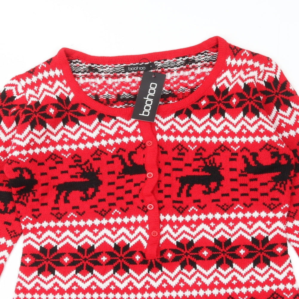 Boohoo Womens Red Fair Isle Acrylic Top One Piece Size M Button - Christmas