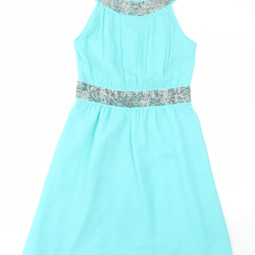 Matthew Williamson Womens Blue Polyester Fit & Flare Size 8 Crew Neck Zip - Pleated, Beaded