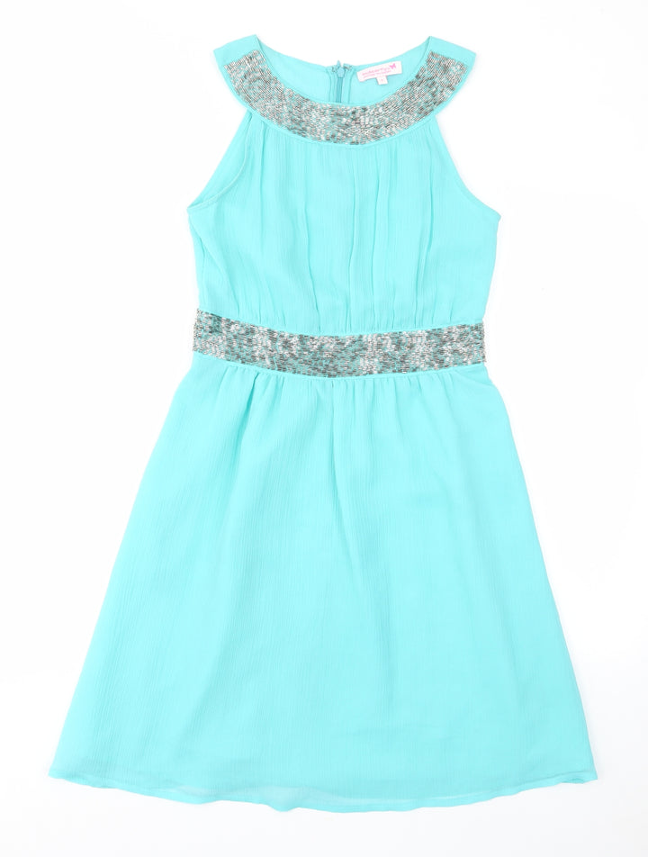 Matthew Williamson Womens Blue Polyester Fit & Flare Size 8 Crew Neck Zip - Pleated, Beaded
