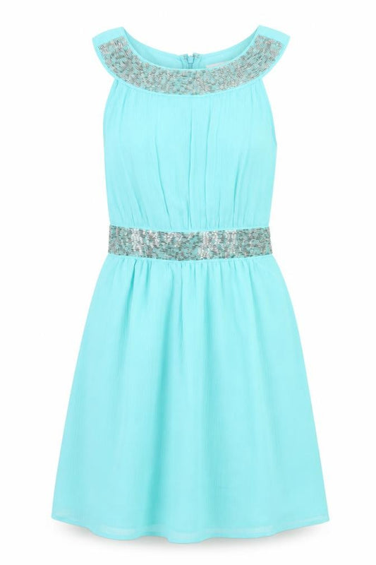 Matthew Williamson Womens Blue Polyester Fit & Flare Size 8 Crew Neck Zip - Pleated, Beaded