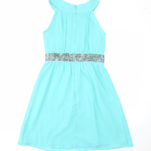 Matthew Williamson Womens Blue Polyester Fit & Flare Size 8 Crew Neck Zip - Pleated, Beaded