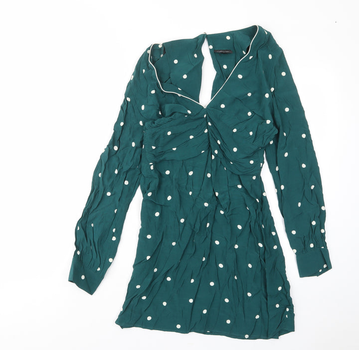 Topshop Womens Green Polka Dot Viscose A-Line Size 10 V-Neck Zip - Pleated, Open back