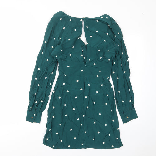 Topshop Womens Green Polka Dot Viscose A-Line Size 10 V-Neck Zip - Pleated, Open back