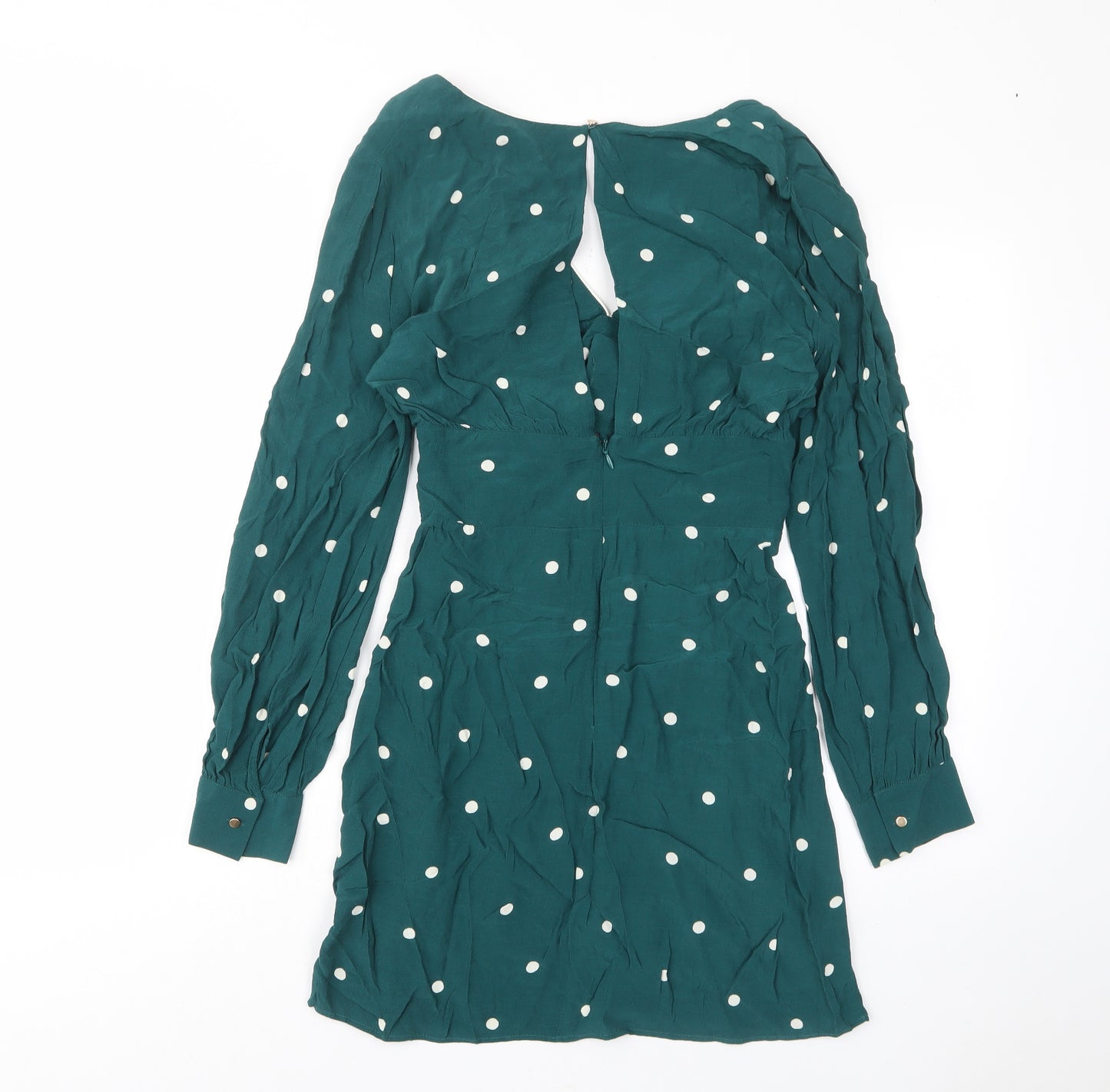 Topshop Womens Green Polka Dot Viscose A-Line Size 10 V-Neck Zip - Pleated, Open back