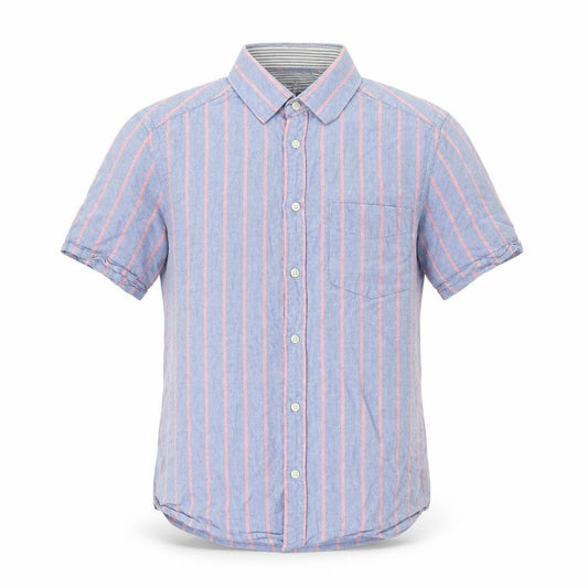 Front view of Blue Harbour men’s blue striped cotton button-up, size S, collared button - pocket