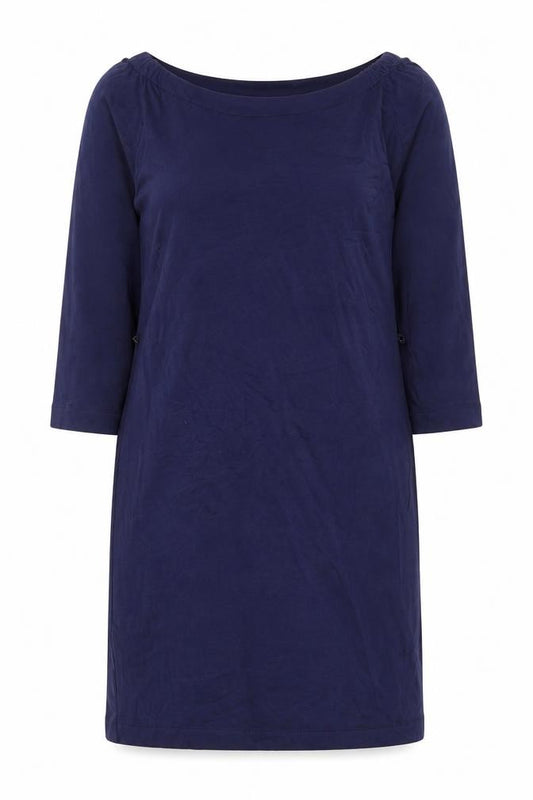 Front view of Mango women’s blue viscose shift, size L, off the shoulder pullover