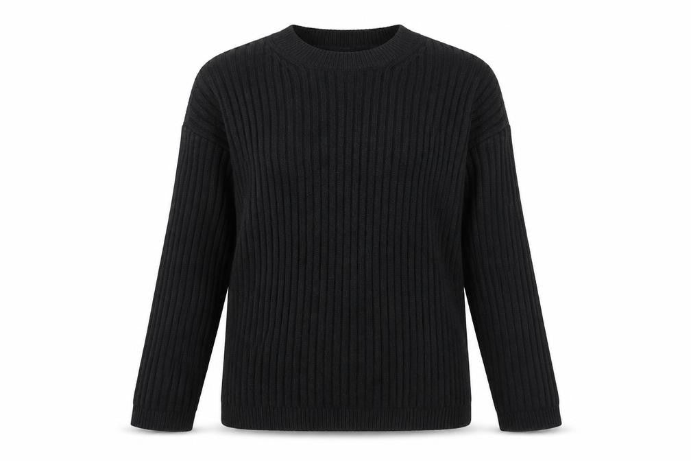 Front view of Marks & Spencer women’s black crew neck polyester jumper, size XS, - stretch