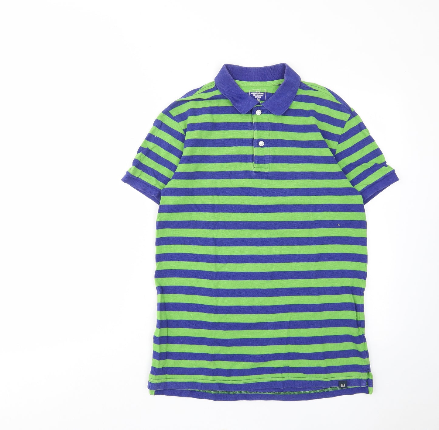 Gap Mens Green Striped Cotton Polo Size M Collared Button - Logo, Embroided