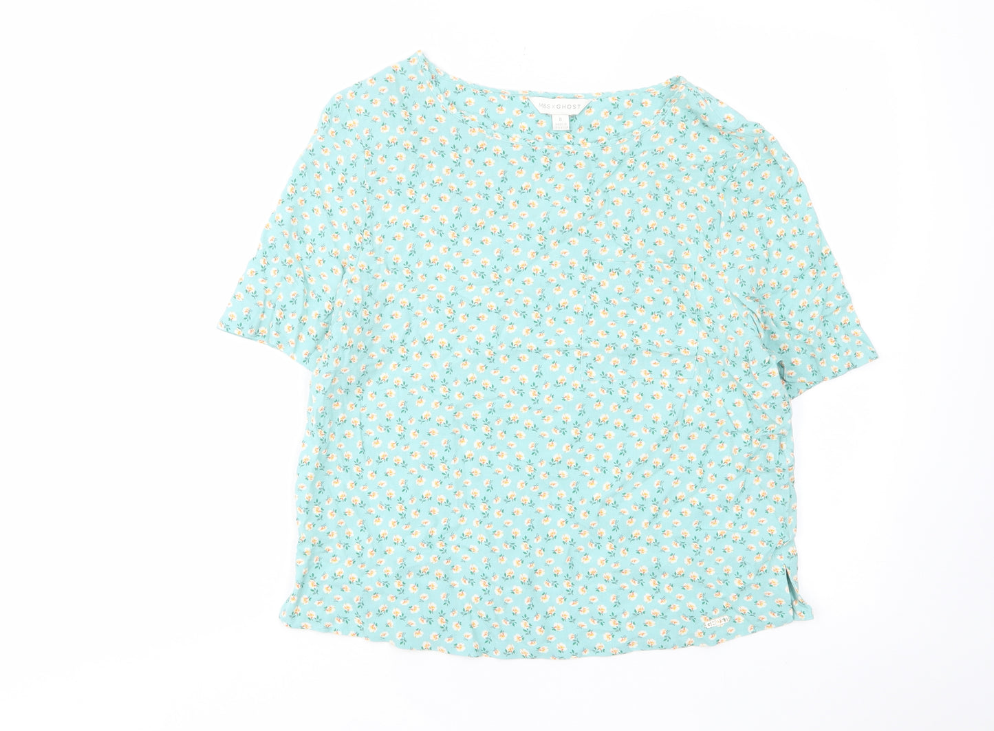 Marks and Spencer Womens Blue Floral Viscose Basic T-Shirt Size 8 Crew Neck - Pocket