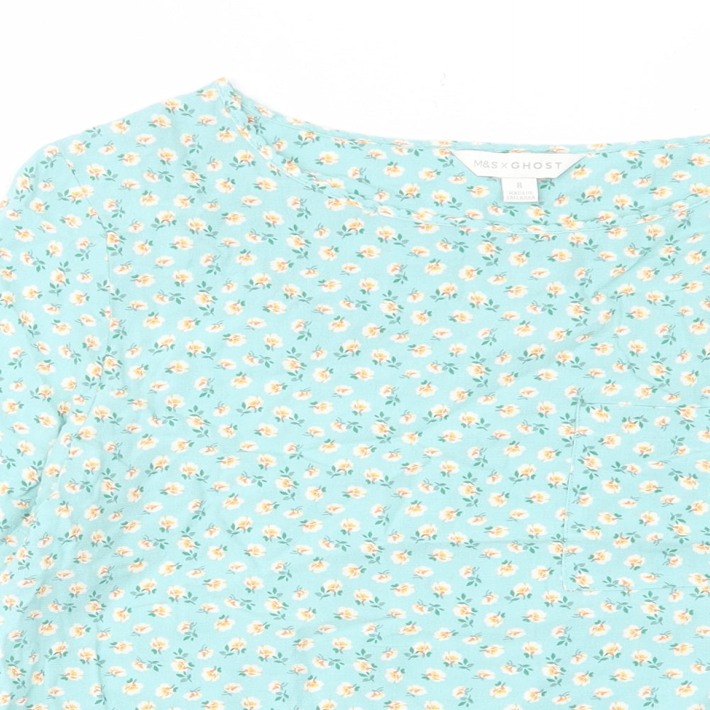 Marks and Spencer Womens Blue Floral Viscose Basic T-Shirt Size 8 Crew Neck - Pocket