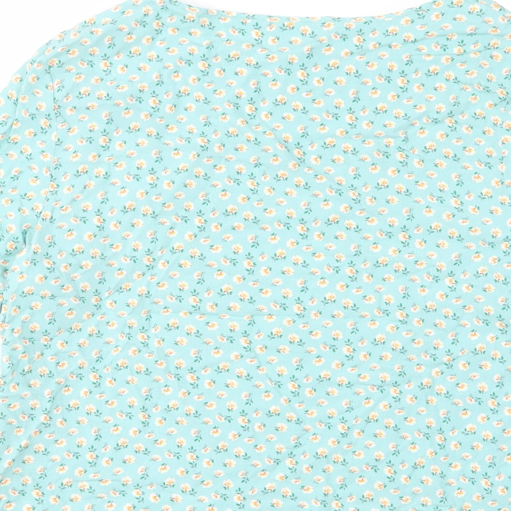 Marks and Spencer Womens Blue Floral Viscose Basic T-Shirt Size 8 Crew Neck - Pocket