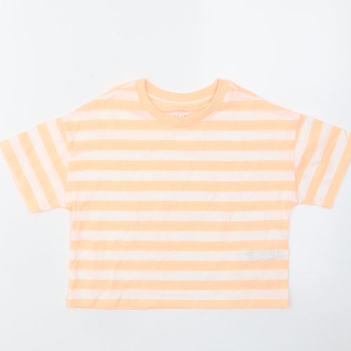 Marks and Spencer Girls Orange Striped Cotton Cropped T-Shirt Size 6-7 Years Crew Neck Pullover