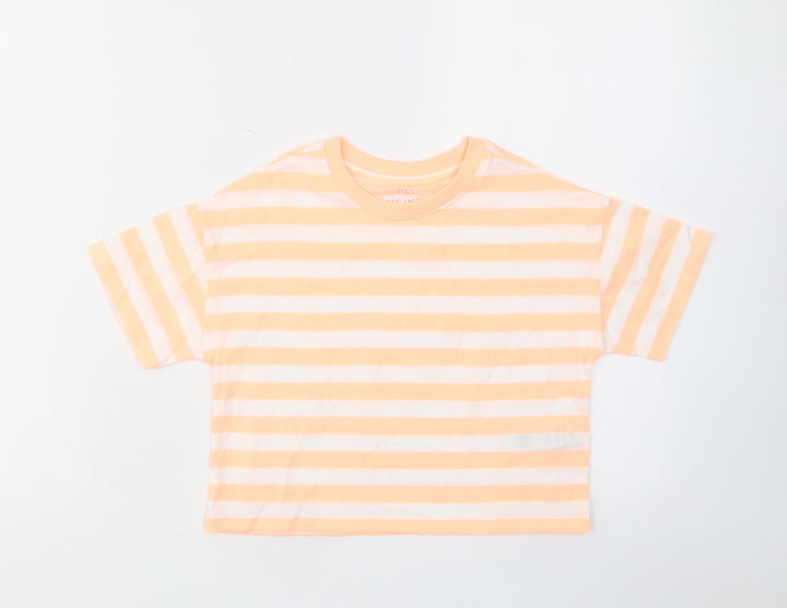 Marks and Spencer Girls Orange Striped Cotton Cropped T-Shirt Size 6-7 Years Crew Neck Pullover