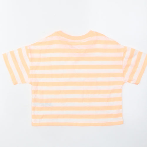 Marks and Spencer Girls Orange Striped Cotton Cropped T-Shirt Size 6-7 Years Crew Neck Pullover