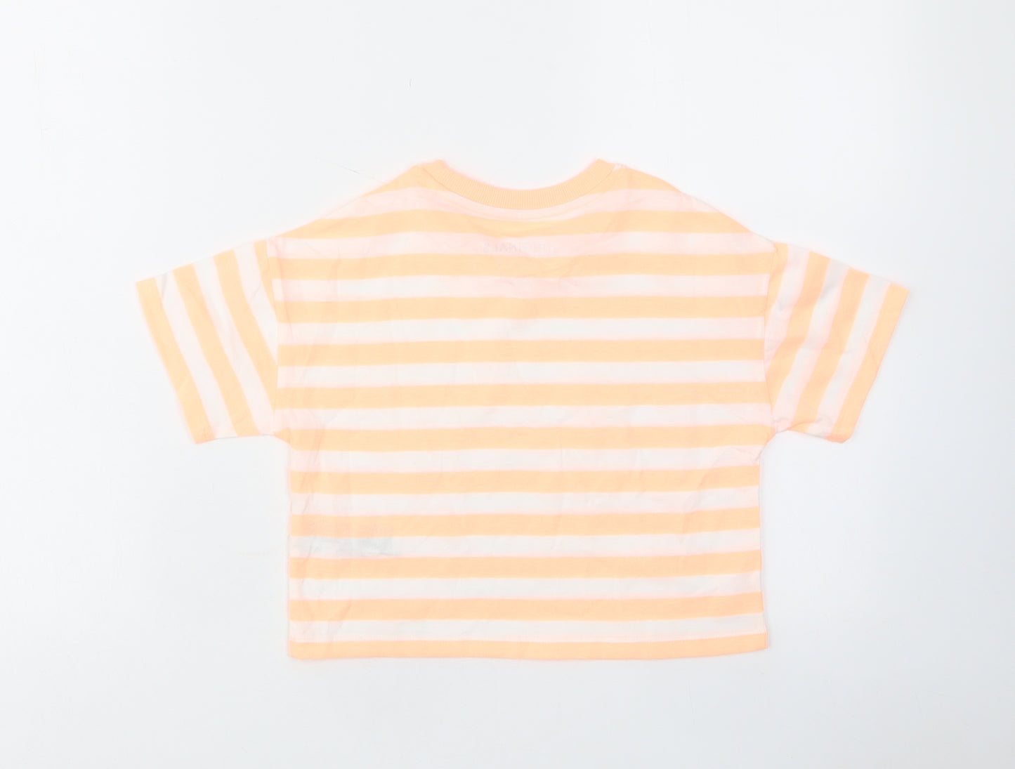 Marks and Spencer Girls Orange Striped Cotton Cropped T-Shirt Size 6-7 Years Crew Neck Pullover