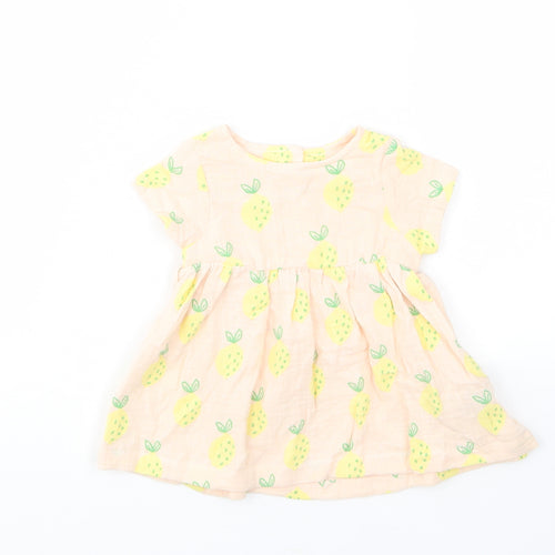 Marks and Spencer Girls Beige Geometric Cotton A-Line Size 0-3 Months Crew Neck Button - Lemon Print