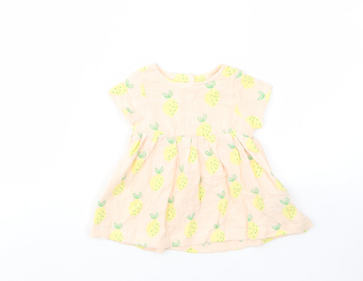 Marks and Spencer Girls Beige Geometric Cotton A-Line Size 0-3 Months Crew Neck Button - Lemon Print