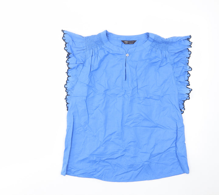 Per Una Womens Blue Cotton Basic Tank Size 10 Crew Neck - Frill, Pleated, Keyhole neckline