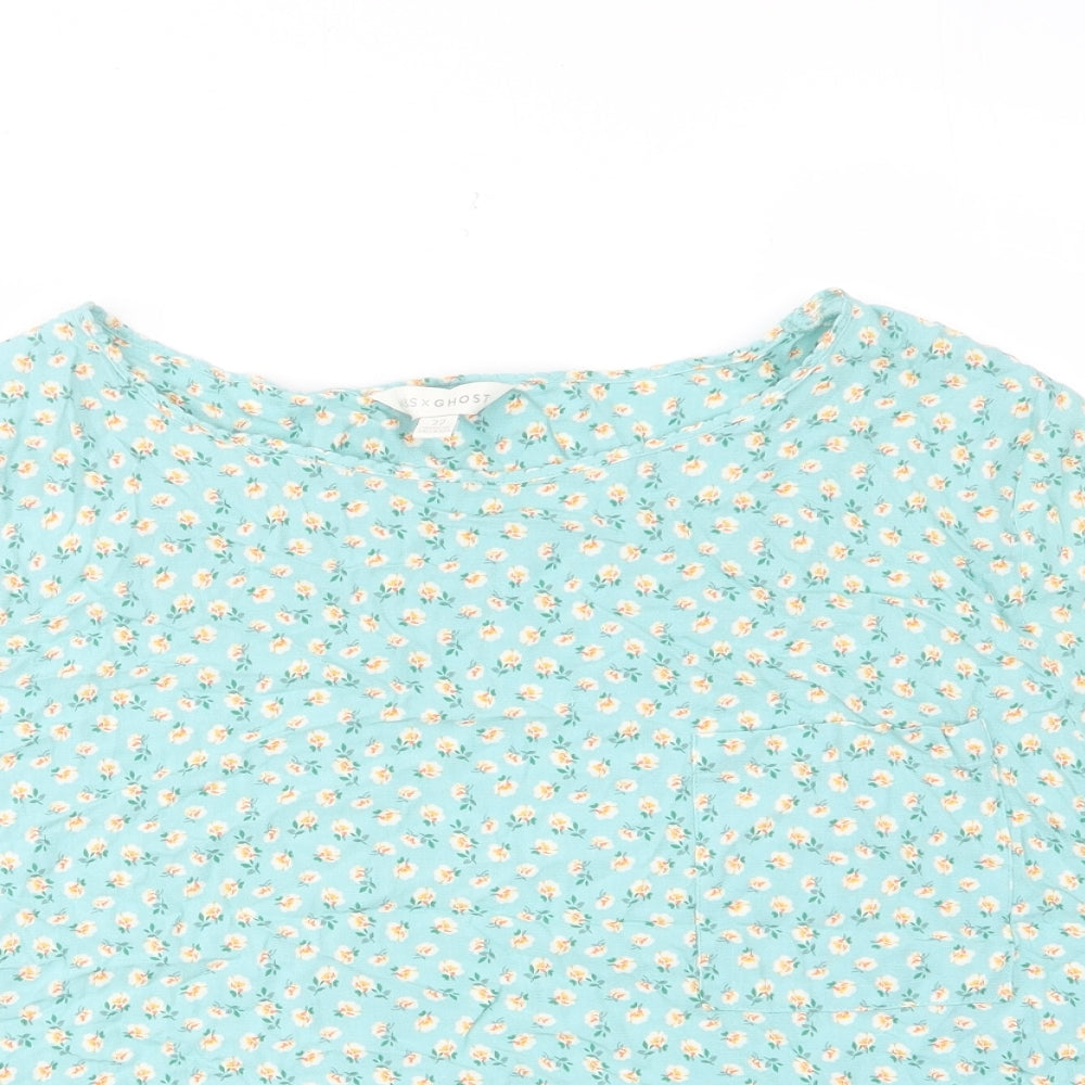 Marks and Spencer Womens Blue Floral Viscose Basic T-Shirt Size 22 Crew Neck - Pockets