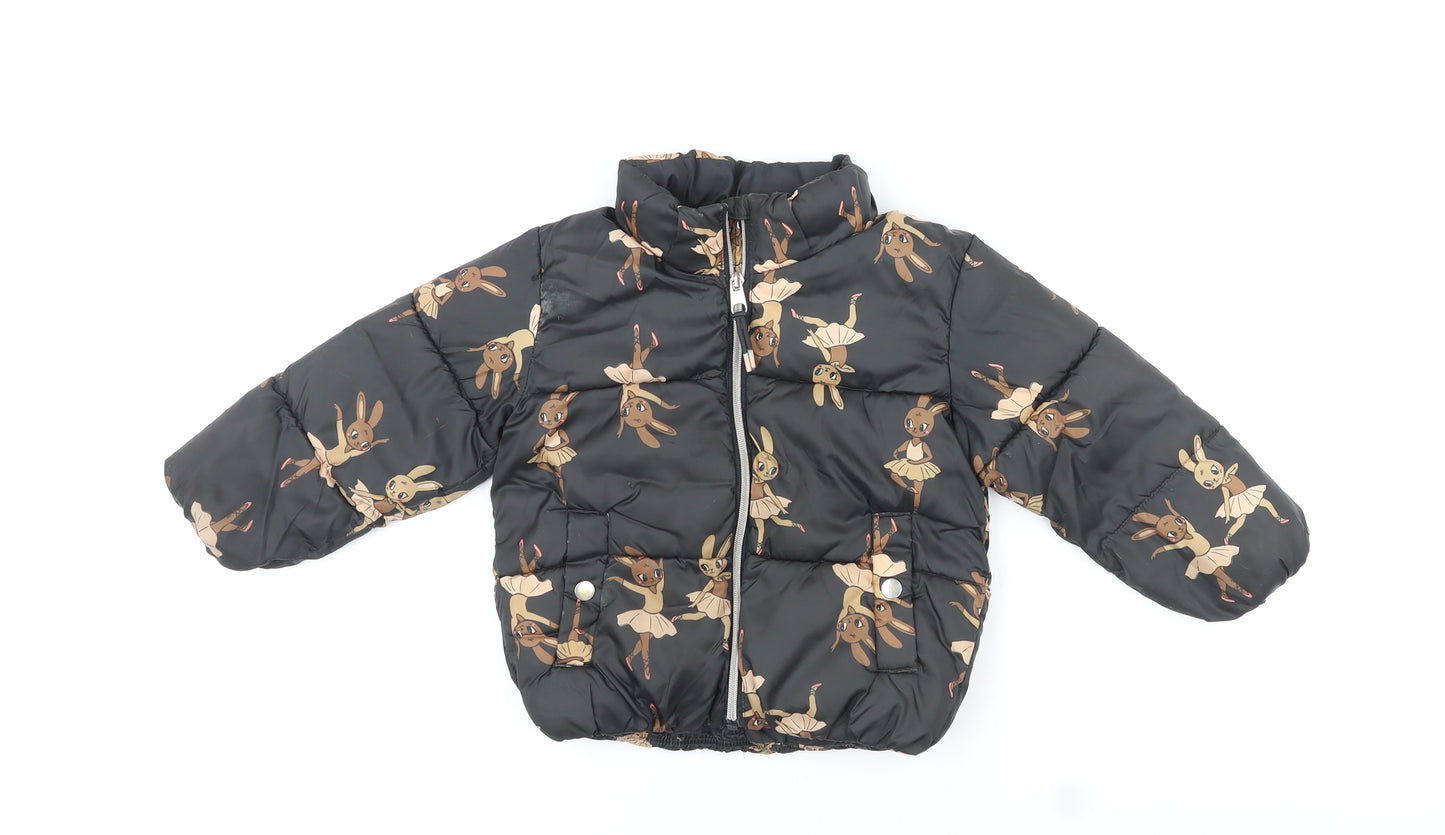 H&M Girls Black Puffer Jacket Coat Size 3-4 Years Zip - Ballerina Rabbits Print