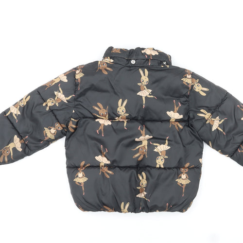 H&M Girls Black Puffer Jacket Coat Size 3-4 Years Zip - Ballerina Rabbits Print