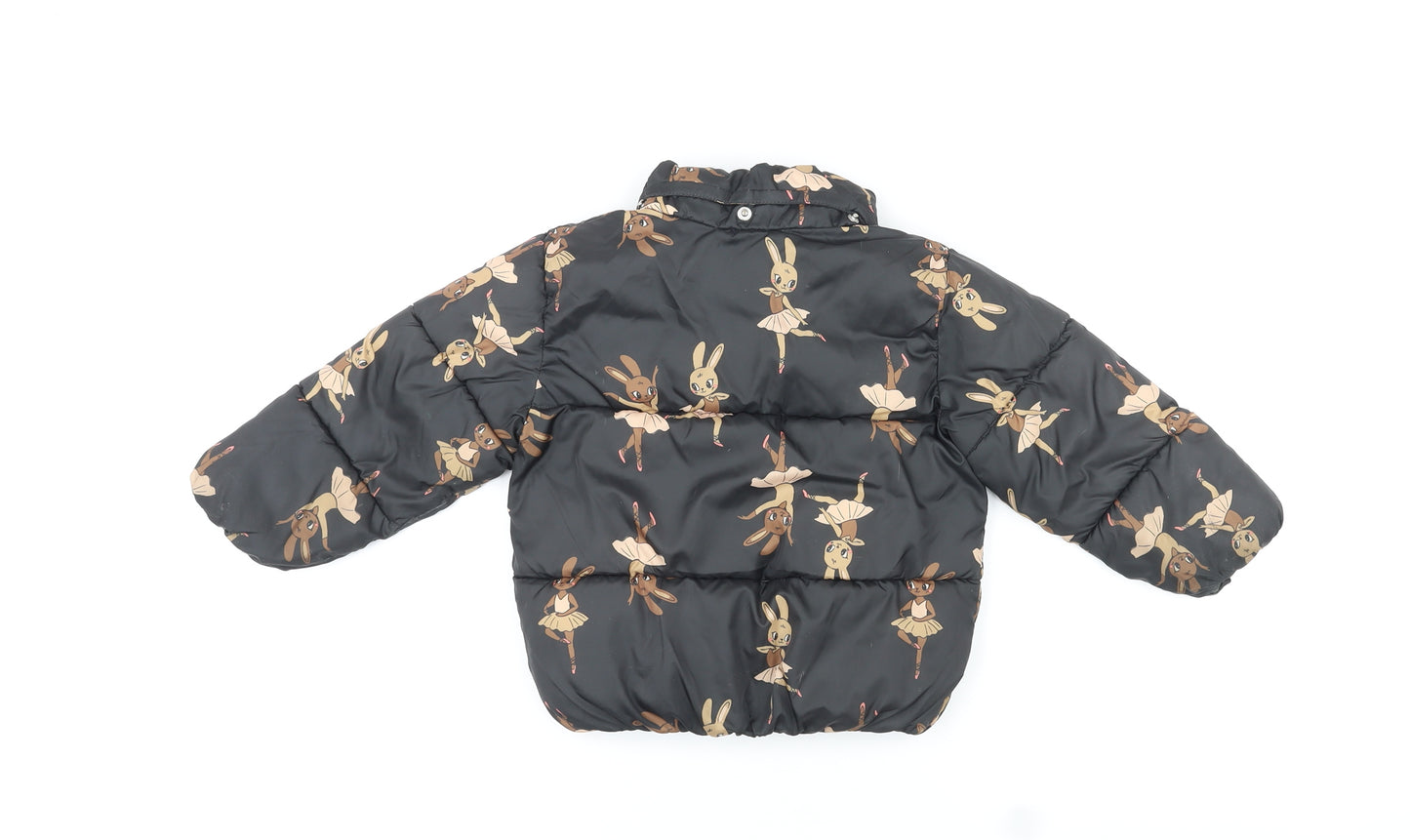 H&M Girls Black Puffer Jacket Coat Size 3-4 Years Zip - Ballerina Rabbits Print